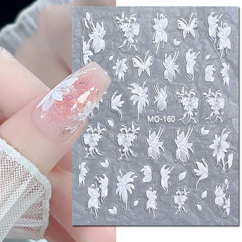 

5d Embossed Semi-Transparent White Blossom Flowers Butterflys Nail Art Decals Stickers For Nails Art Manicures Tips Decorations