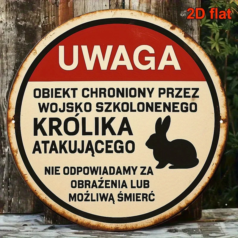 مسطح ثنائي الأبعاد، قطعة واحدة من علامة تحذير اللغة البولندية المستديرة مقاس 8 بوصات - "أرنب الهجوم المدرب" (UWAGA: Atakujacy Krolik) مع الألمانية