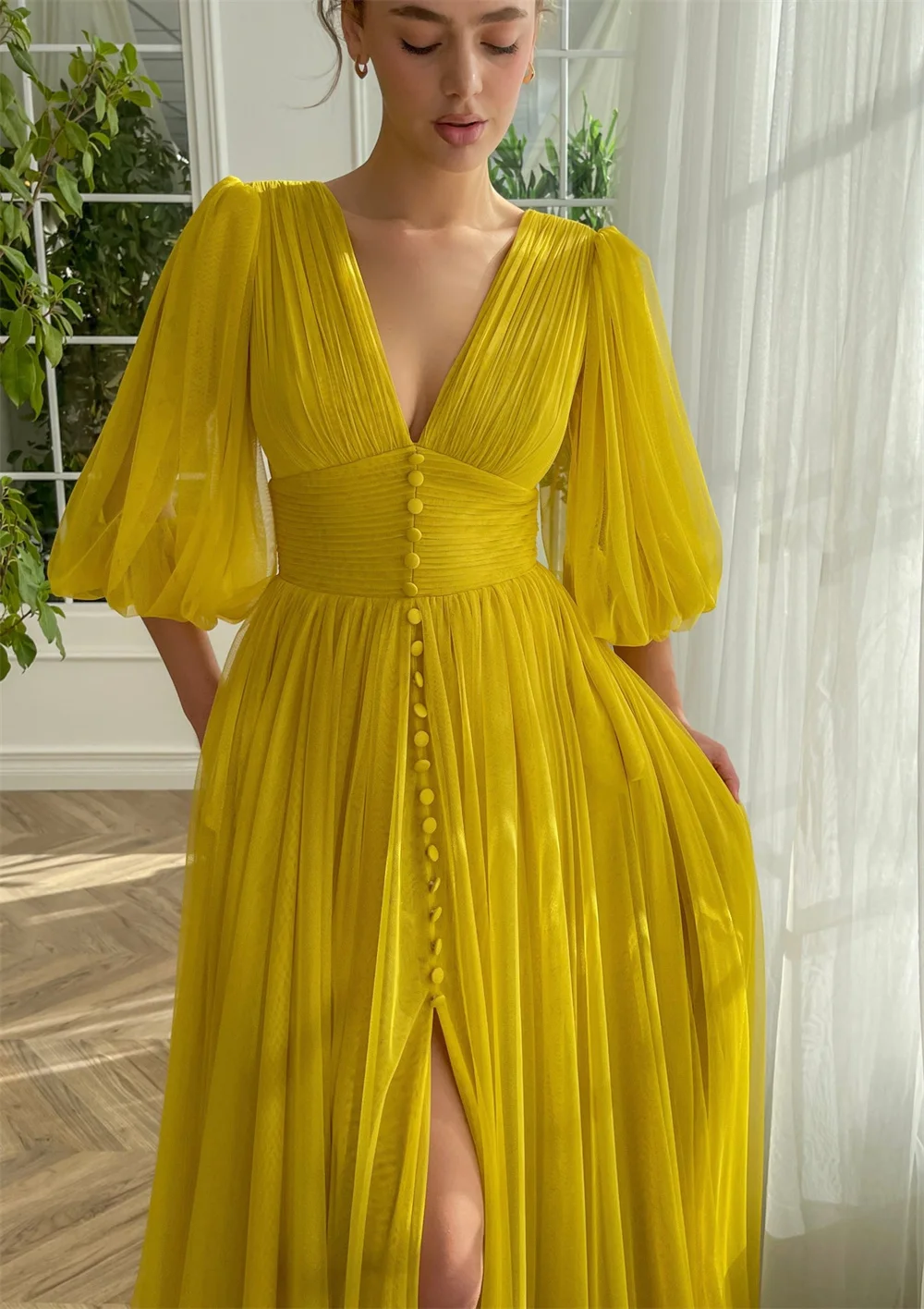 Bella Yellow Chiffon A-line Prom Dresses Elegant Long Sleeves Evening Dress V-neck Side Split Customized Vestidos De Fiesta