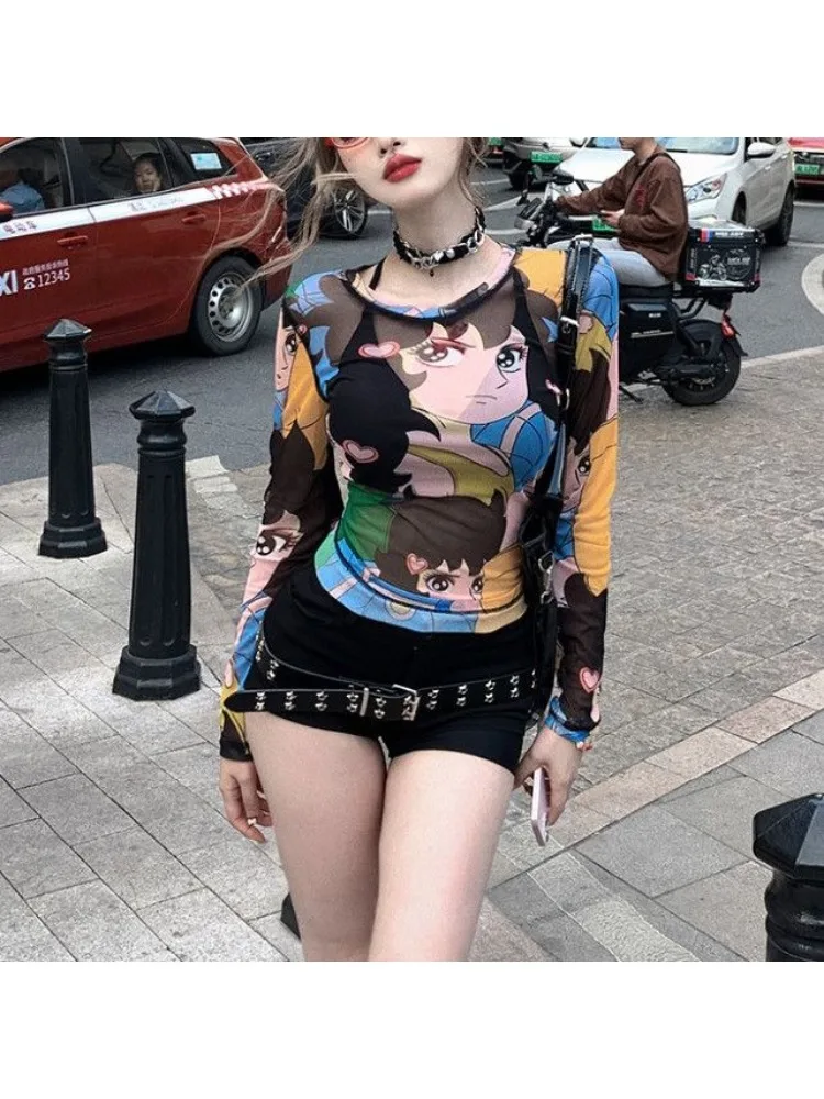 Long Sleeved T-shirt Female Cartoon Printing Spring Summer New Self Cultivation Undershirt Tops Fashion Y2K Sweet Cartoon