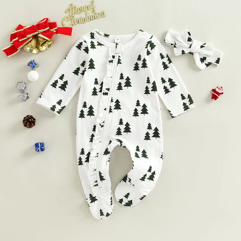 Lioraitiin 0-6M Infant Baby Girls Boys Christmas Footed Romper Crutch/Plaid/Xmas Tree Print Long Sleeve Ruffled Zipper Jumpsuit