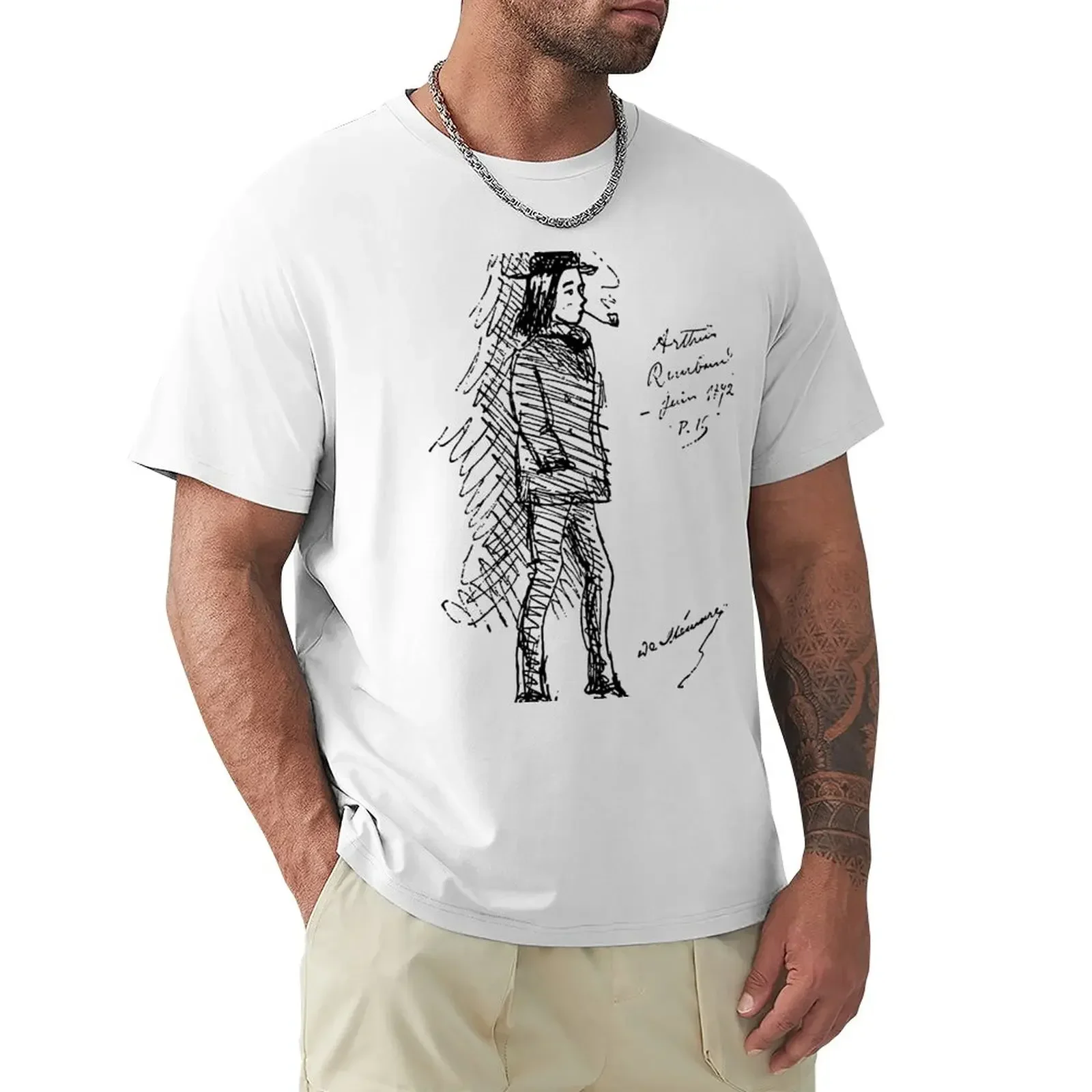 Summer harajuku custom  heavyweight Drawing of Arthur Rimbaud by Paul Verlaine Black Aesthetic clothing blanks men clothing