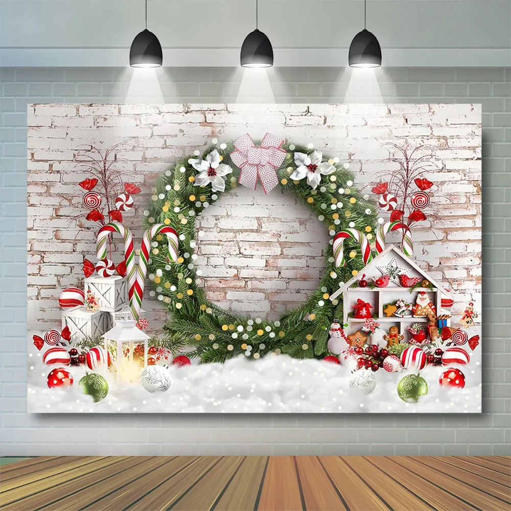Toile de fond de mur de brique de couronne, accessoires de Noël, bannière de studio photo de bébé, fond de scène de neige, photocall familial d'enfant, bannière d'hiver