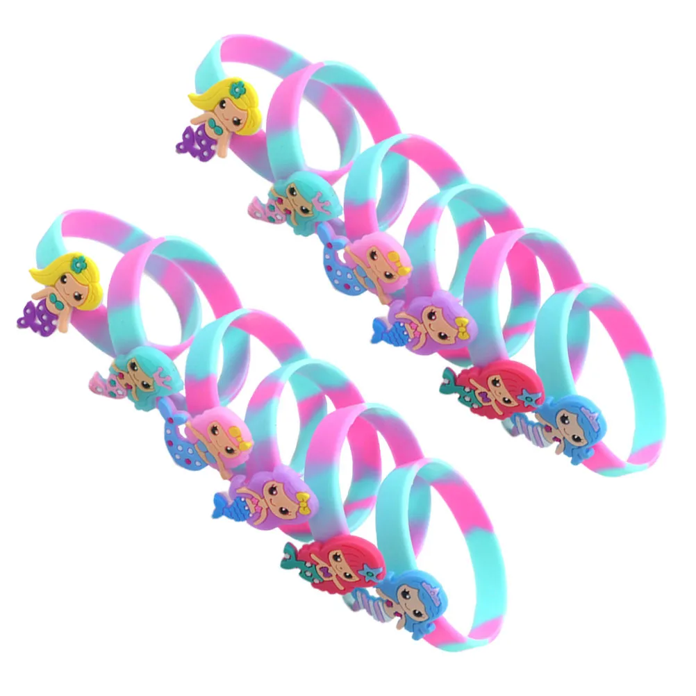 12 Uds. Pulseras coloridas para niños, pulseras de sirena de silicona, suaves, ecológicas, elásticas, impermeables para recuerdo de fiesta infantil