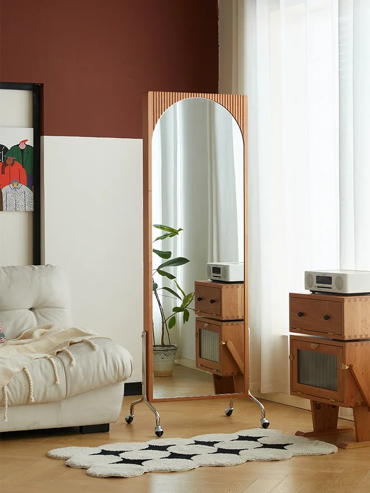 Magazine rack full-length mirror movable rotating floor-to-ceiling mirror solid wood cherry wood retro dressing mirror bookshelf