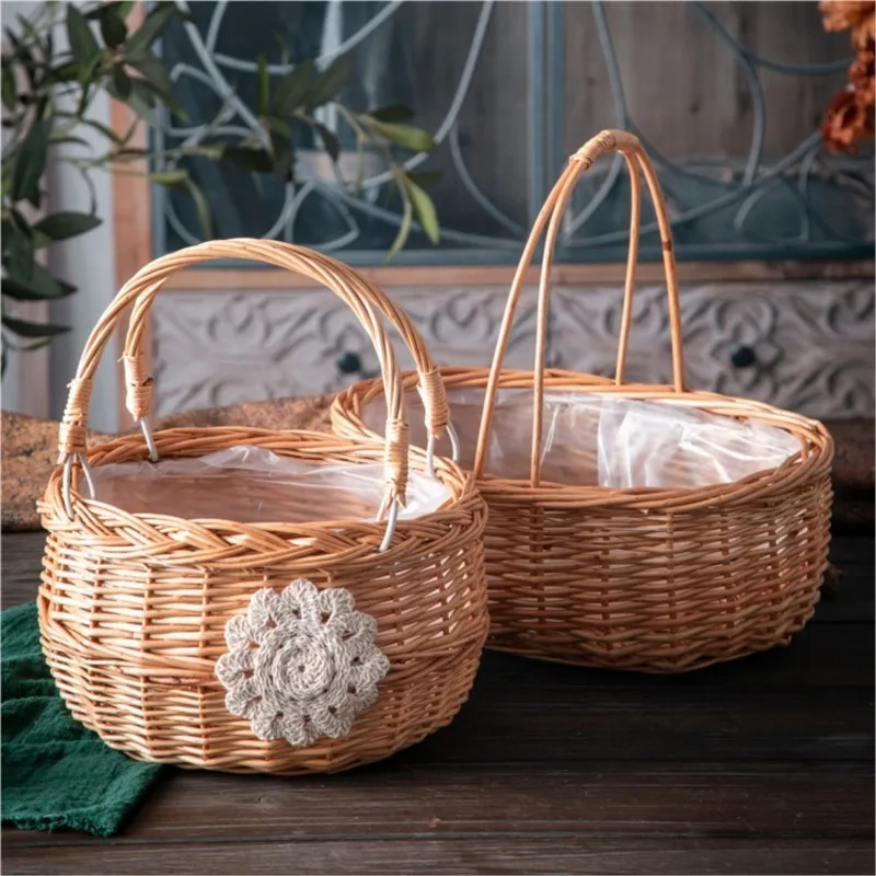 Panier à fleurs en osier tressé à la main, avec pompon, idéal pour les festivals, les mariages, ou comme cadeau artisanal, petits paniers de