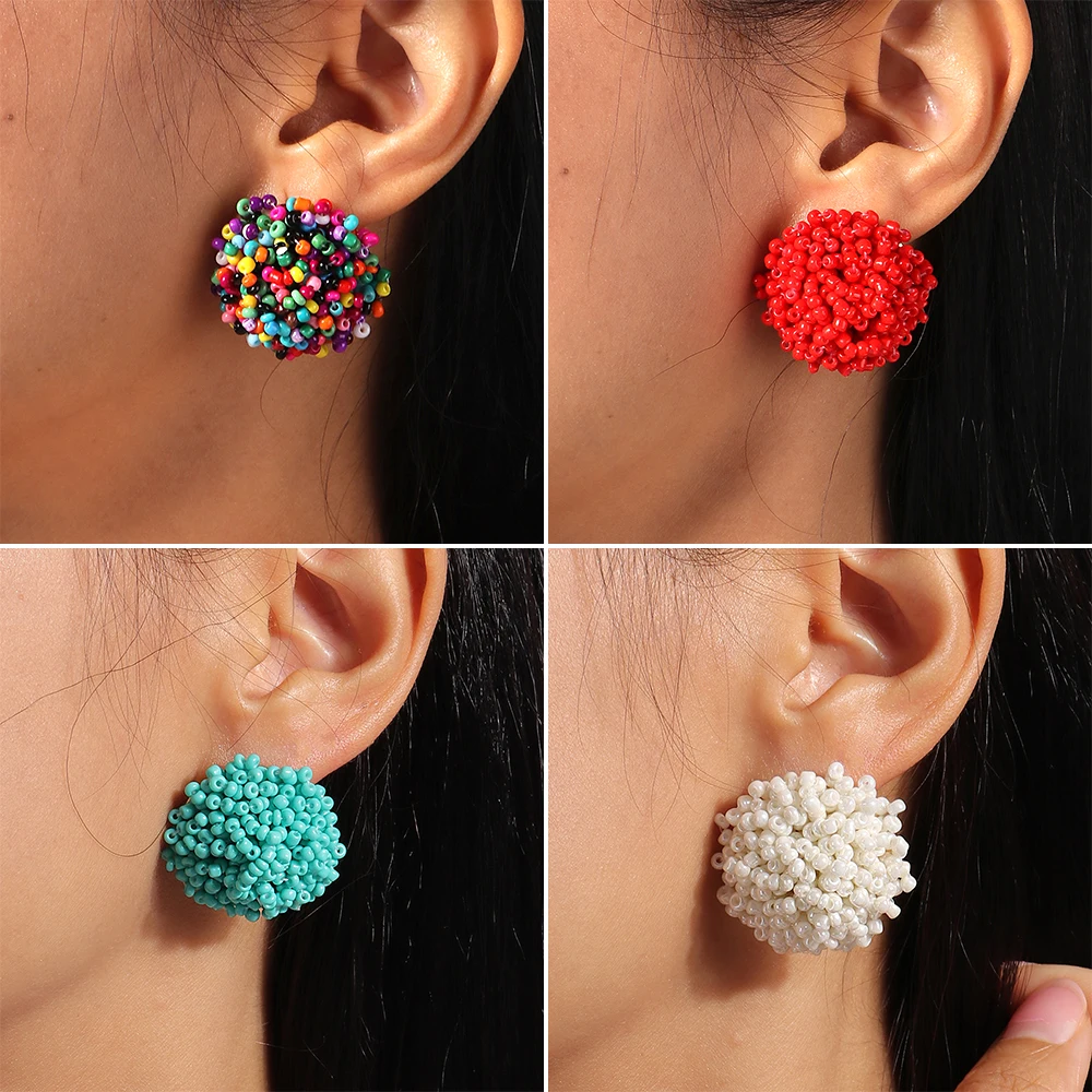 Bohemian Multicolor Round Rice Beads Earrings for Women Creative Design Summer Handmade Beaded Stud Earrings Female Jewelry Gift