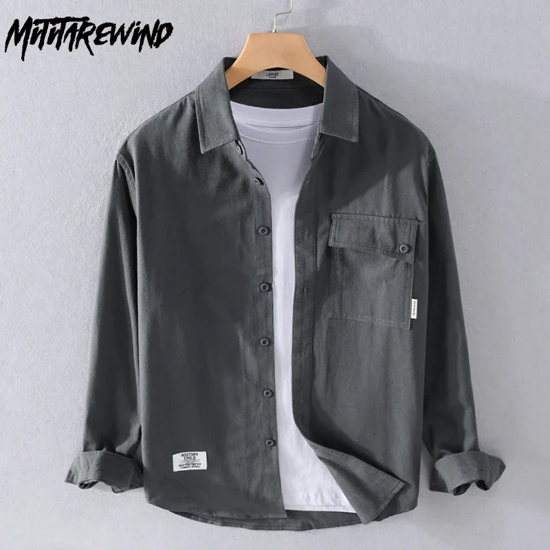 Japan Style Work Shirt Men Spring Autumn Casual Workwear Long Sleeve Man Shirts Lapel Pure Cotton Gray Shirt Simple Men Clothing