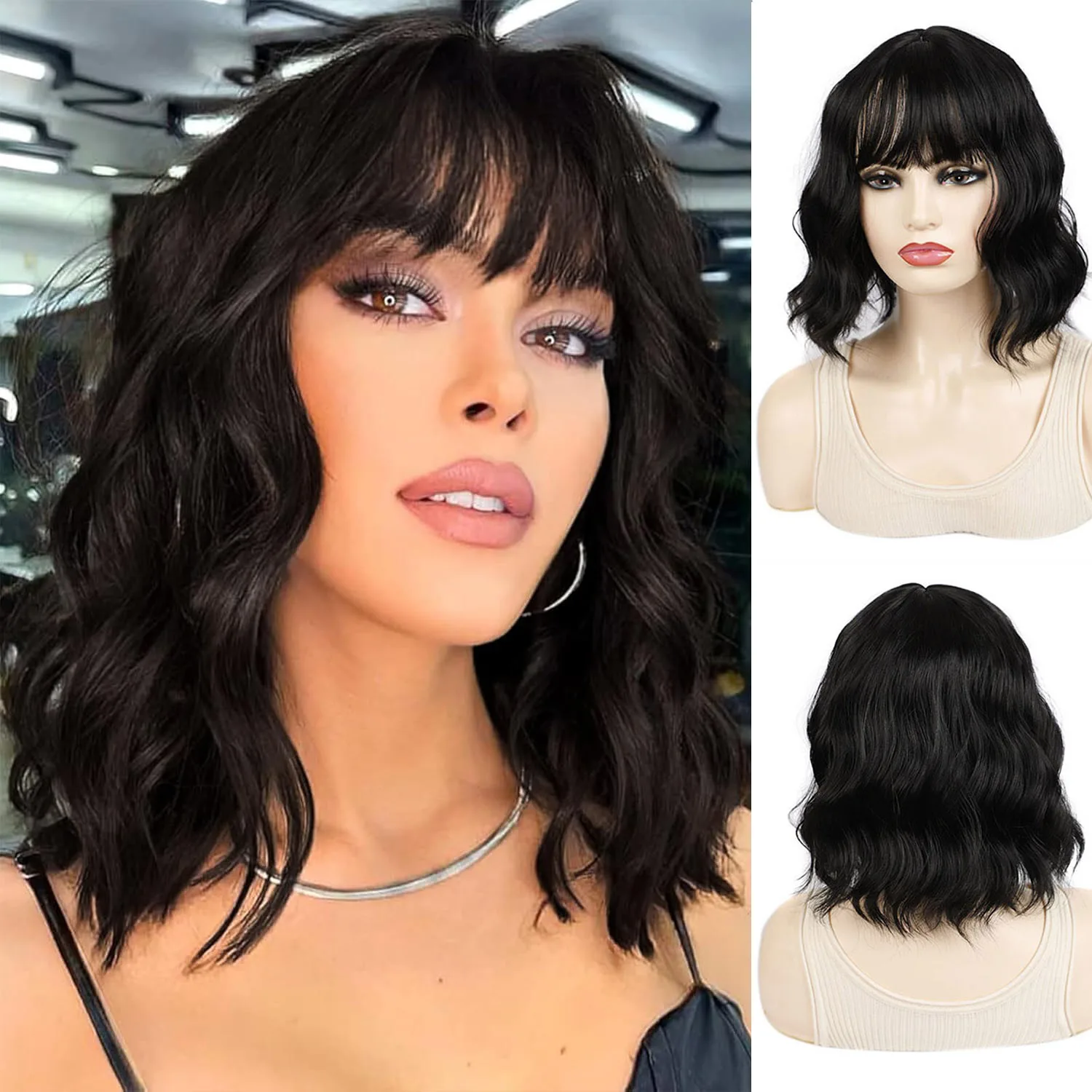 Jeedou Synthetic Hair Bob Wig With Bangs Short Water Wave Curly Hair Cosplay Wigs Daily Use Black Brown Color Young Girl's Wig