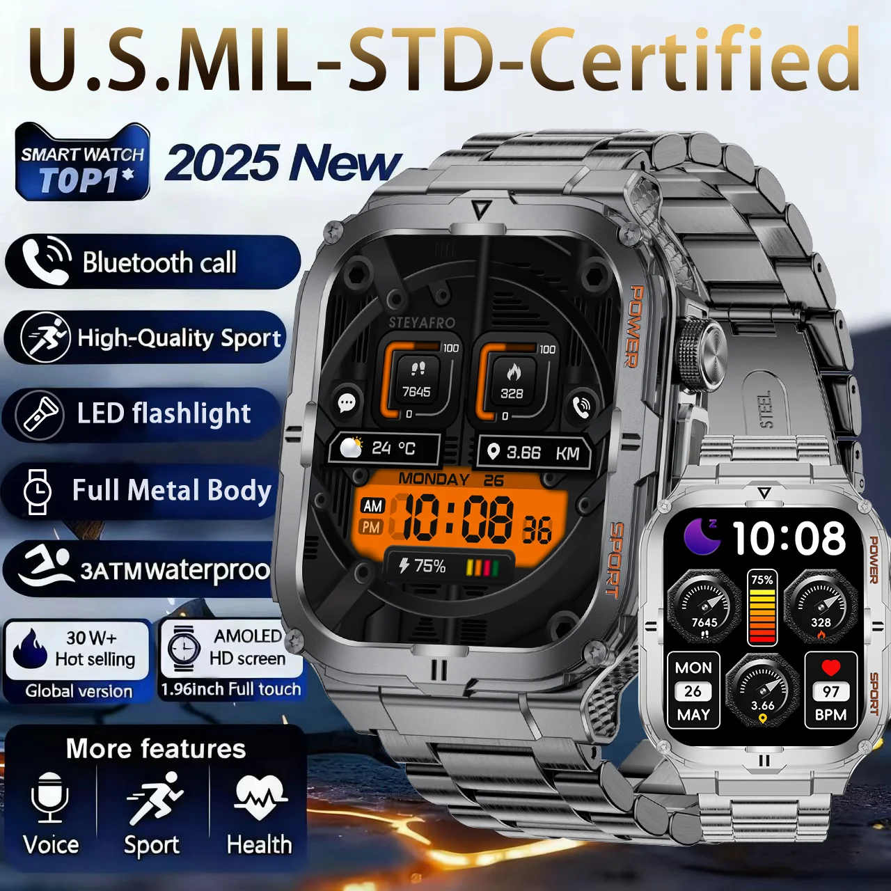 

Новые военные умные мужские часы, фонарик, 1,96 дюйма, IP68, водонепроницаемый, 430 мАч, HlFl, беспроводной звонок, изысканный чехол, мастерство изготовления