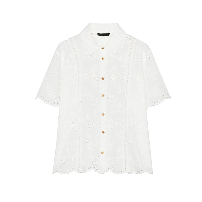 Spring Summer Women's irt Embroidered Hollow out Simple ort Sve Turn-down Collar Vertical Lace Decoration Top 2835947