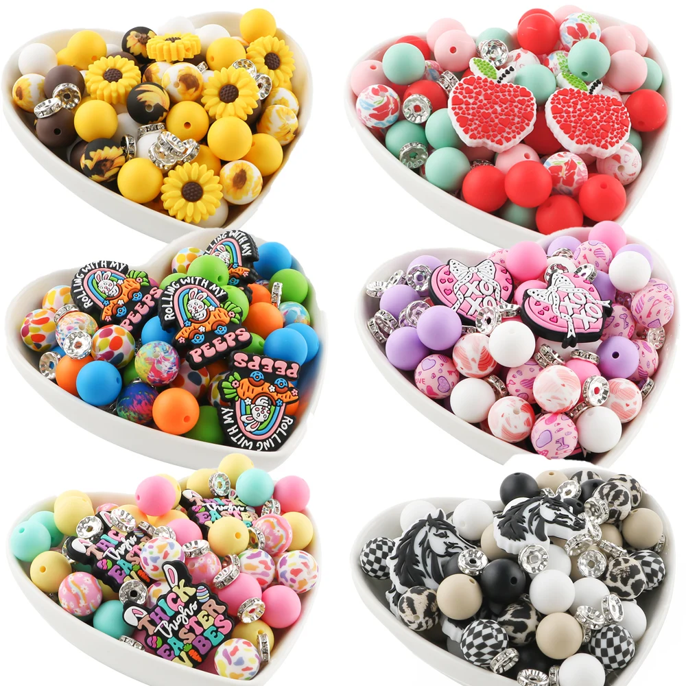 50pcs Silicone Animal/Flower/Valentine's Day Style Focus Bead Set For Jewelry Making DIY Earrings Bracelet Necklace Accessories