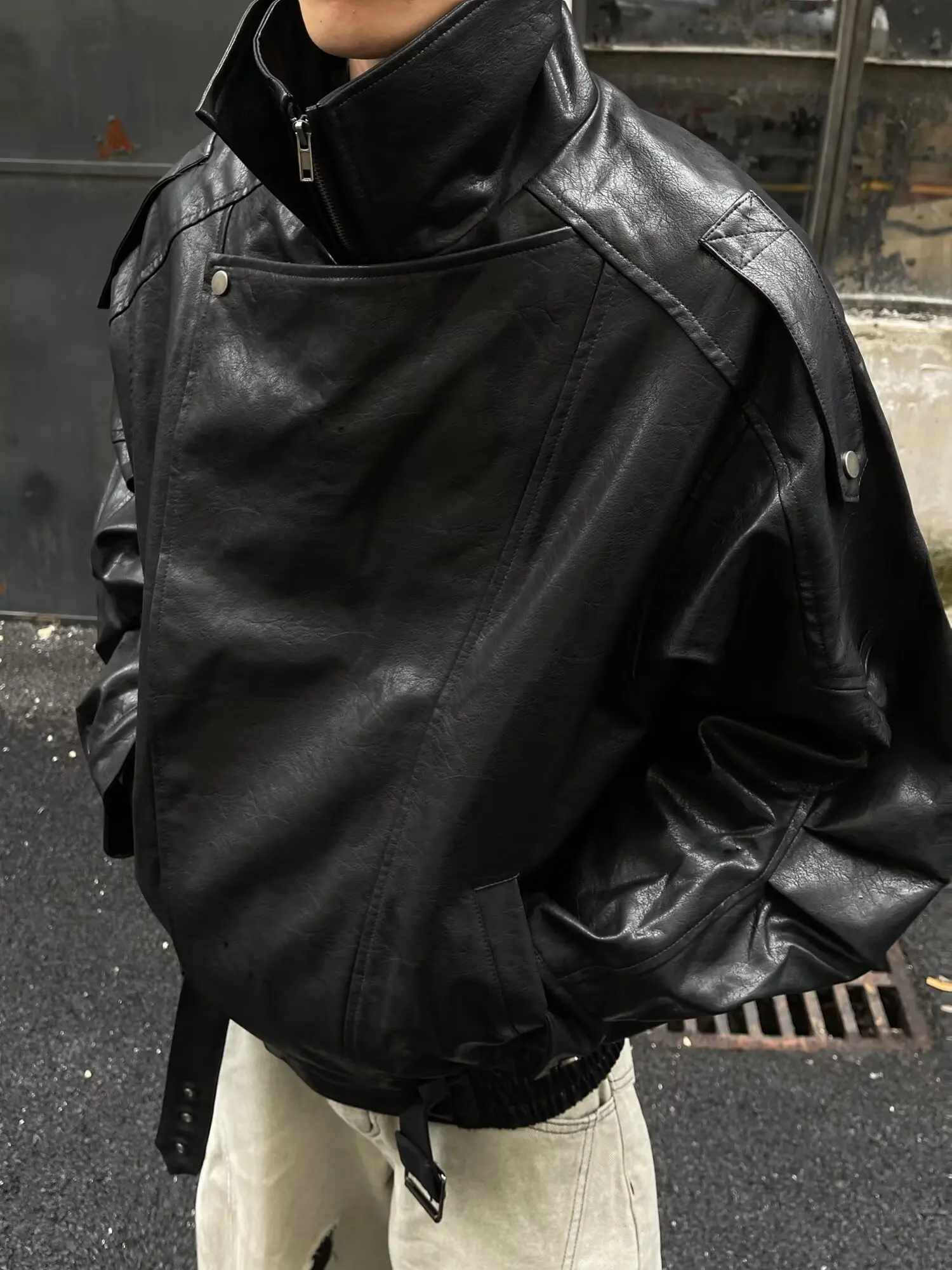 Street Stand Collar Men's Leather Jacket Loose Long Sleeve Zipper Pockets Chic Female Coats 2025 Autumn Winter Lady Outerwear