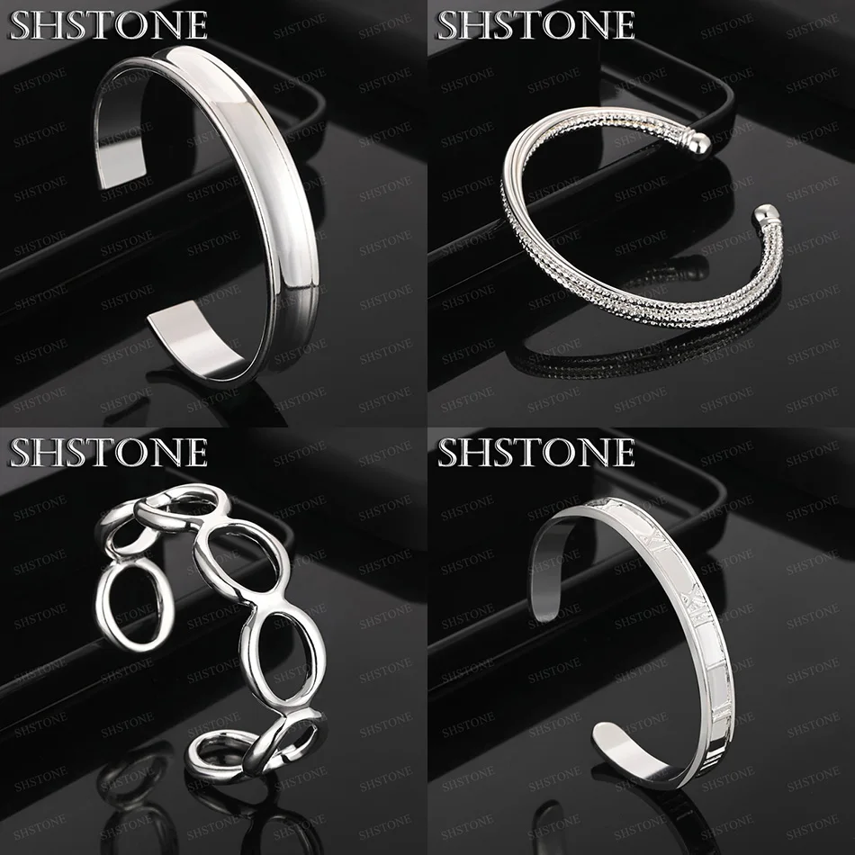 

Fashion Jewelry Women 925 Sterling Silver Roman Numerals Twisted Particles Round Open Bangles Christmas Party Unisex Pretty