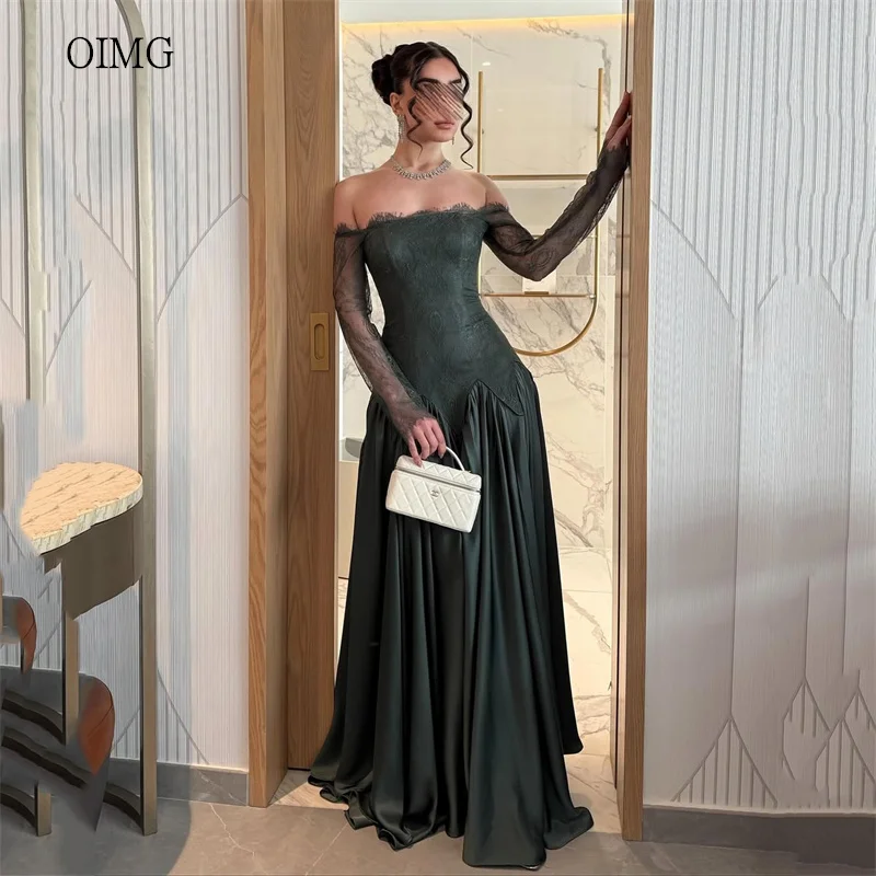

OIMG Dark Green Lace Off The Shoulder Prom Gowns Backless Party Gown Floor Length Evening Dress vestidos de festa Customized