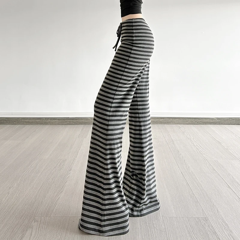 Casual Striped Bandage Wide Leg Pants Basic Loose Mid-Waisted Pants Women 2025 Autumn Spring Fashion Streetwear Homewear Ladies