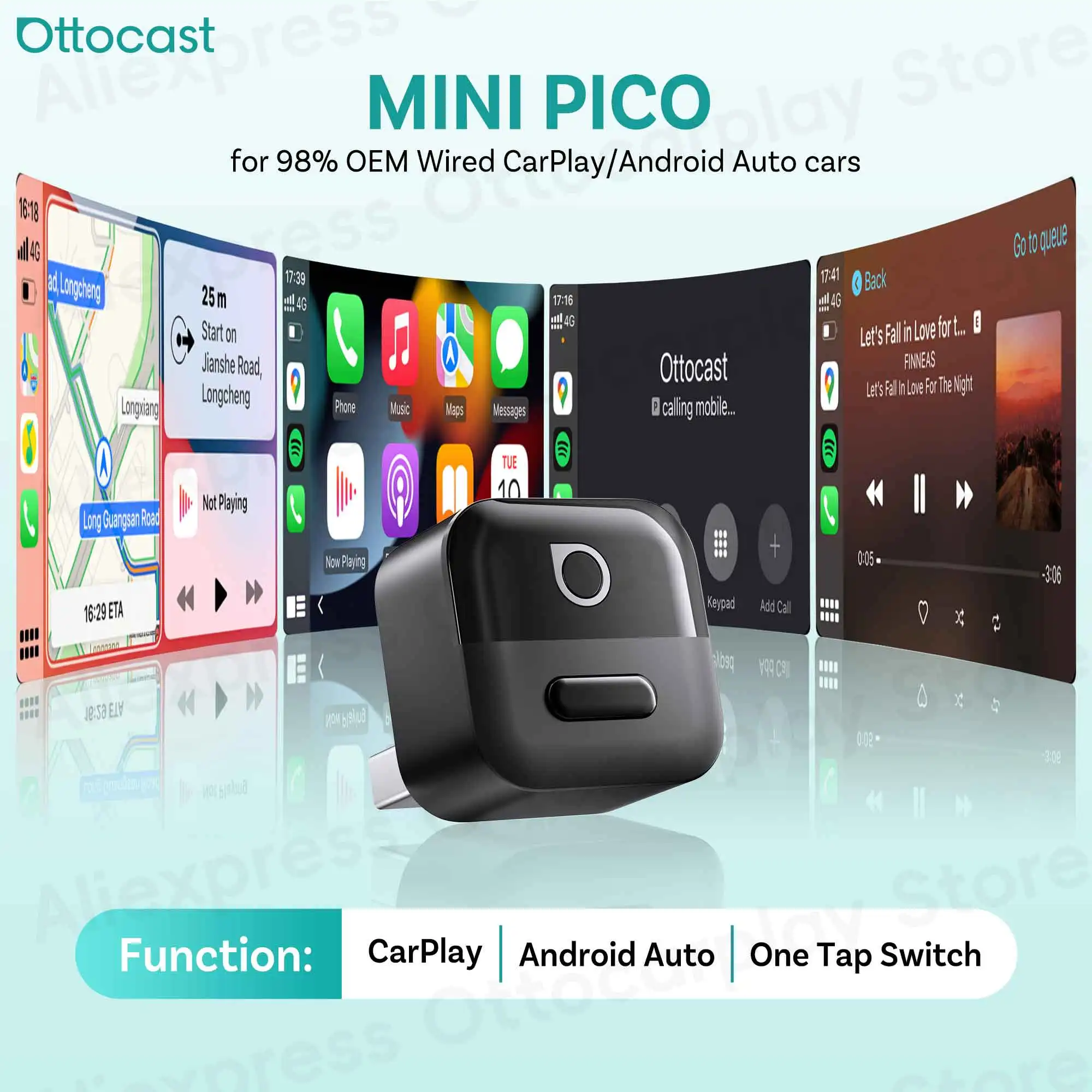 Ottocast Wireless Android Auto CarPlay Adapter Mini Pico 2 in 1 USB Dongle with Smart Button for Kia Honda Chery Nissan Volvo
