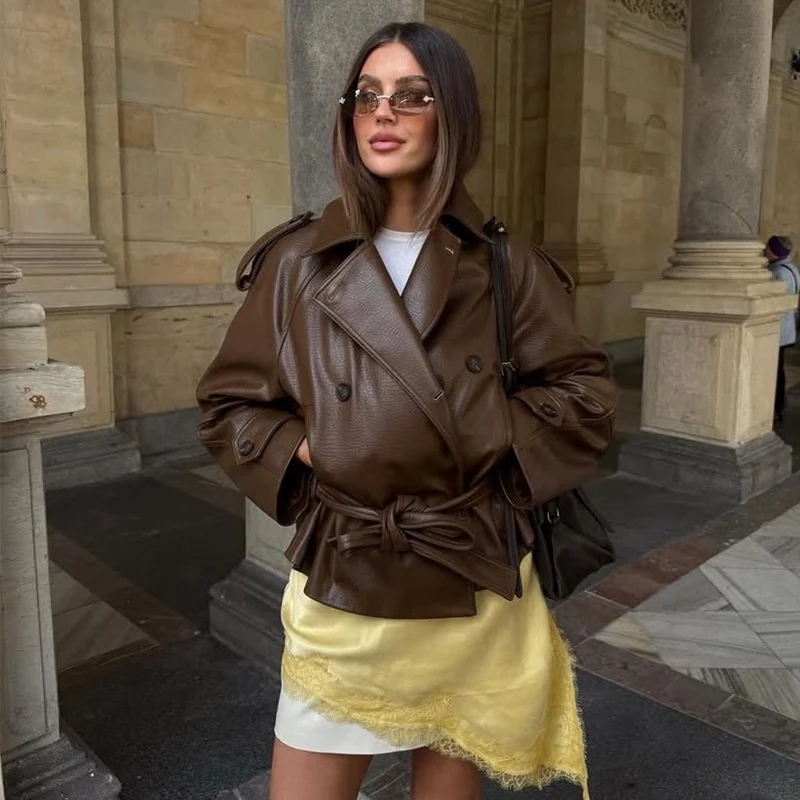 

Women's Jacket 2026 New Fashion Spring Belted Faux Leather Short Trench Coat Casual Chic Personality Female Outerwear