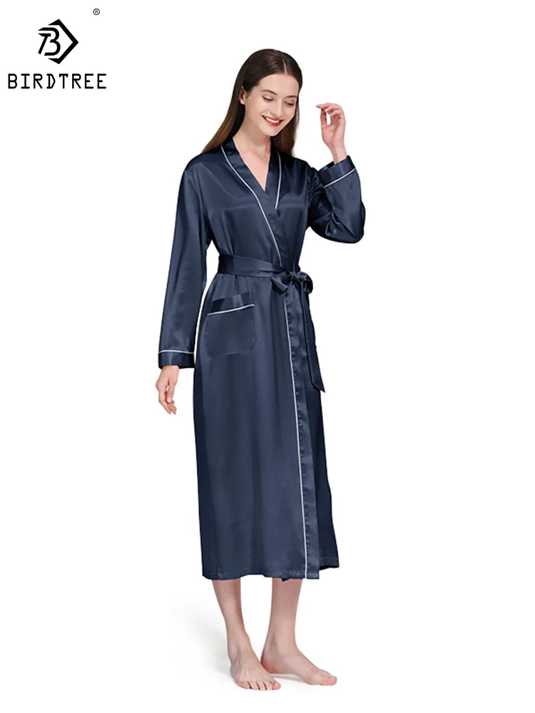 Birdtree 19 Momme 100%Pure Mulberry Silk Long Robe for Women Silky Sleepwear Ladies Elegant Nightgown Natural Pajamas P36089QM