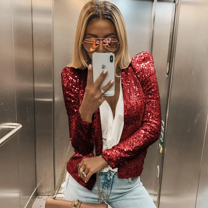 Sexy Sequin Blazer Women Solid Color Stand-Collar Casual Office Blazer Club Party Fashion Streetwear Buttonless Bussiness Blazer