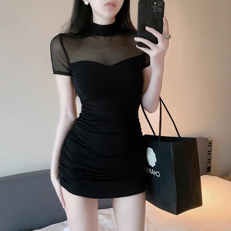 Elegant Short Sleeve Mesh Splice Slim Fit Waist Cinched Mini Dress Street Style Pure Color Polka Dot Print Casual Wear