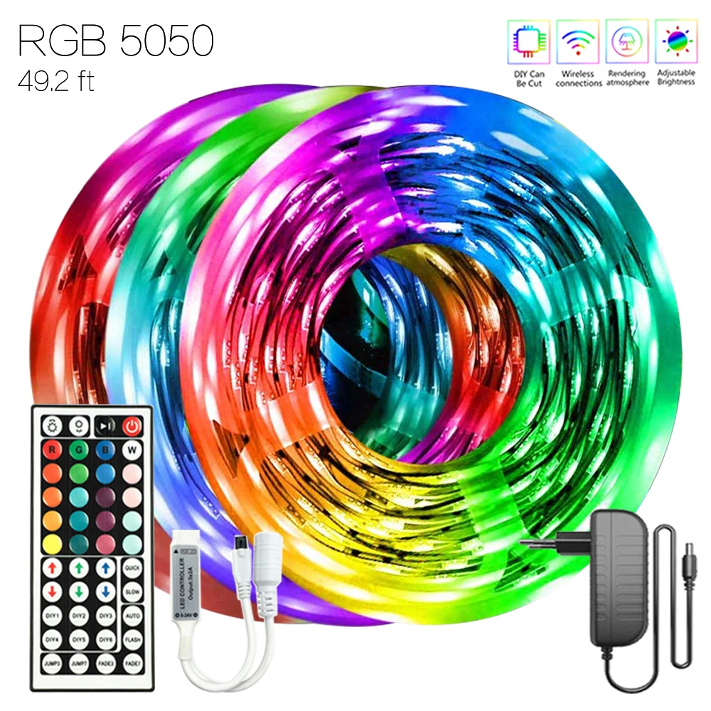 49.2 ft (15M) Infrared Control Fita LED Flexible Lamp Waterproof DIY Tape RGB 5050 Decoration For Chambre Bathroom Easter Party