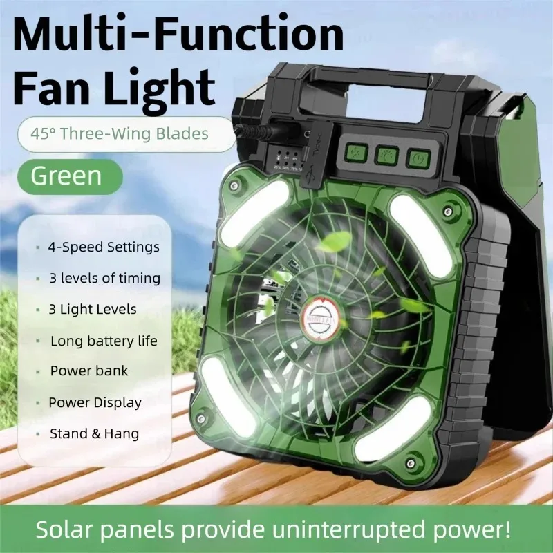 Лампа для кемпинга на солнечной энергии с охлаждающим вентилятором, 4 скорости, настройки ветра, 3 режима синхронизации, 3 уровня освещения, портативная функция Power Bank Лампа для кемпинга на солнечной энергии с охлаждающим вентилятором, 4 скорости, настройки ветра, 3 режима синхронизации, 3 уровня освещения, портативная функция Power Bank
