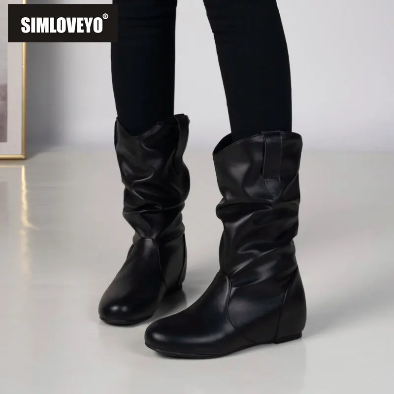 SIMLOVEYO Design Female Ankle Boots Flock Round Toe Wedges Slip On Pleated Size 45 46 47 48 Leisure Daily Booties Women