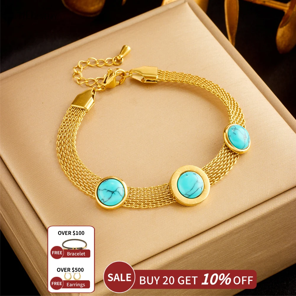 Fashion Retro Personality Versatile Temperament Mesh Wide Face Stainless Steel Round Brand Turquoise Jewelry Bracelet