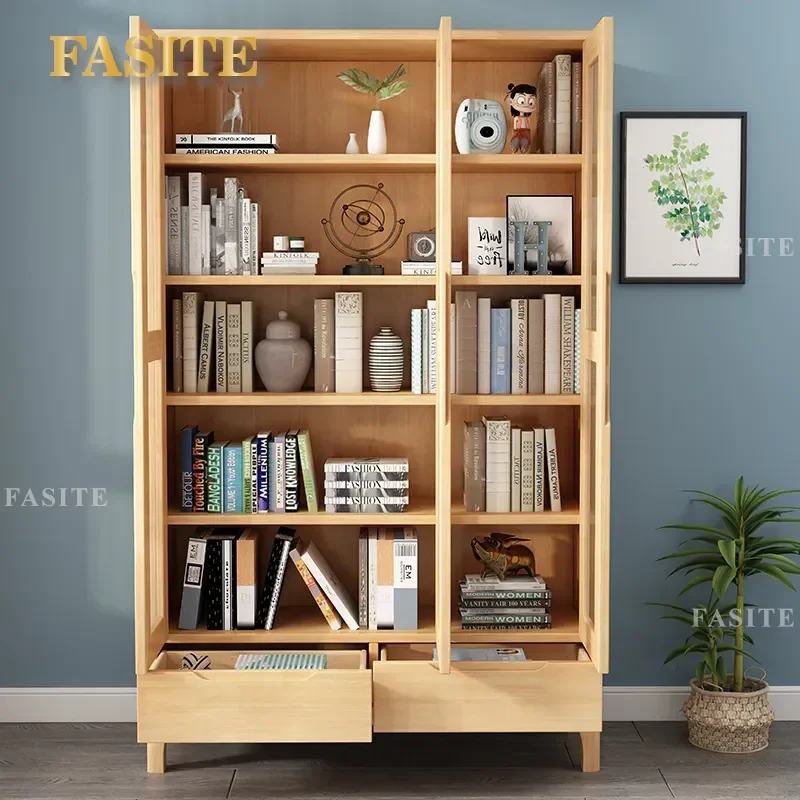For Nordic All Solid Wood Bookcase Floor to Ceiling Glass Door Display Cabinet Dust Proof Storage Locker for Home Study