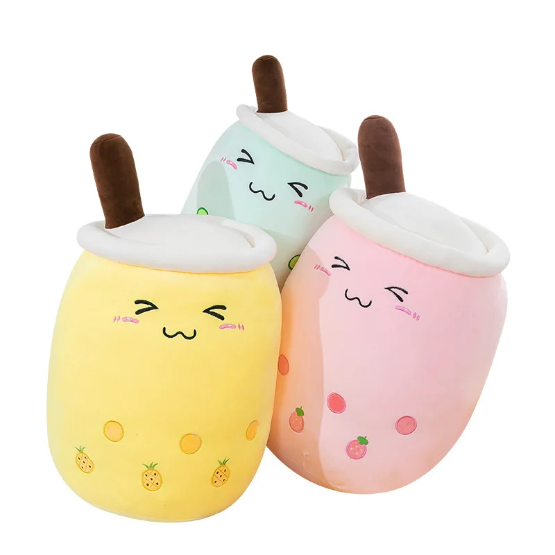 Kawaii Fruit Drink Plush Stuffed Soft Pink Strawberry Milk Tea Plush Boba Tea Cup Toy Bubble Tea Pillow Cushion Kids Gift