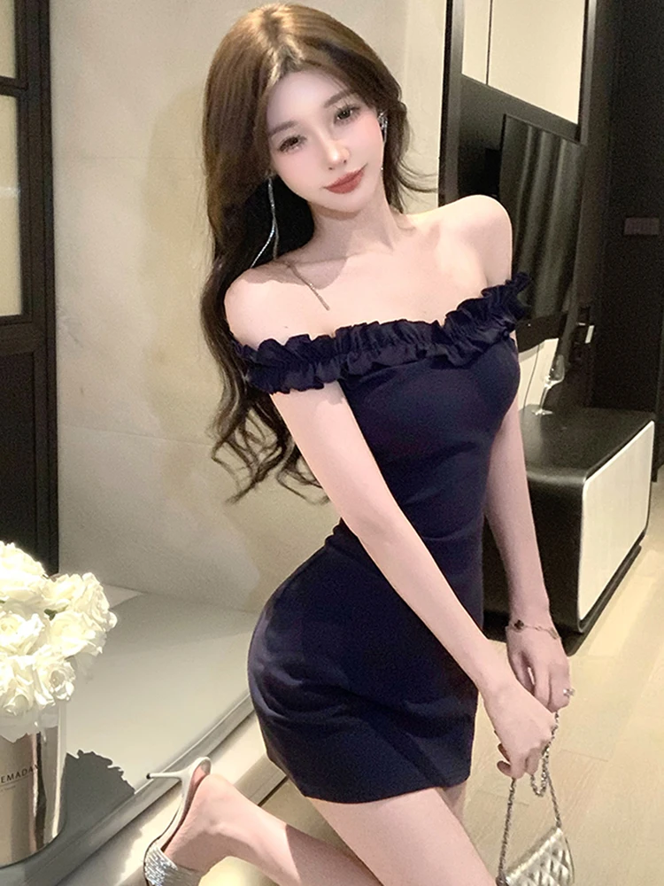 Kobiety Solid Bodycon Chic Ruffled Chest Wrapping Sexy Dress Summer Elegant Hip Wrap Dress 2025 Korean Vintage Festival Prom Dress