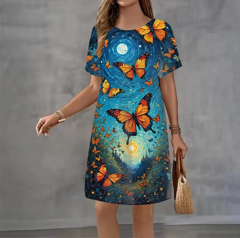 Summer women's short sleeve dress Ethnic style retro geometry Print Dress