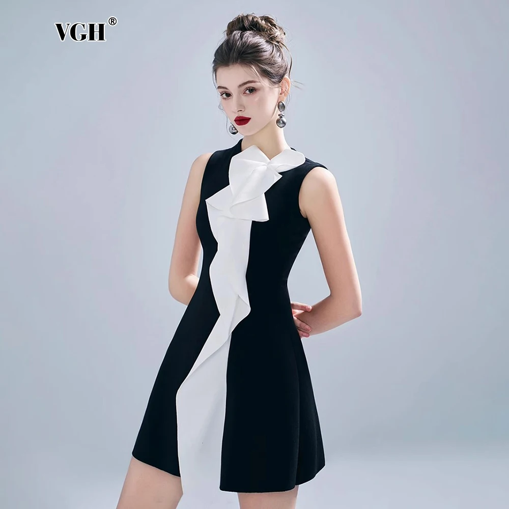 

VGH Hit Color Slimming A Line Short Dresses For Women Round Neck Sleeveless High Waist Elegant Luxury Evening Dress Female New