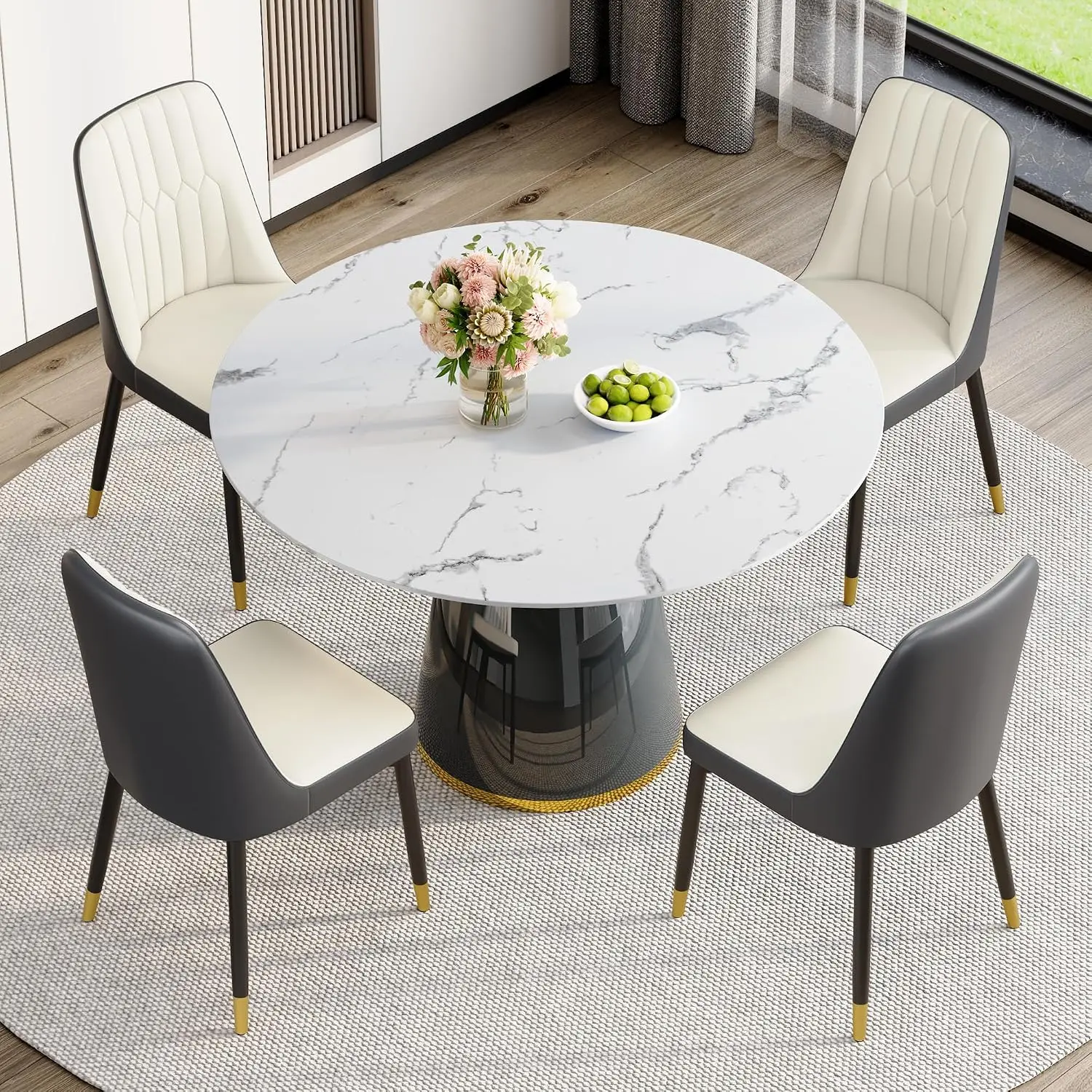 Round Dining Table Set for 4, 45''Marble Grain Dining Room Table Set for 4 with Upholstered Chairs, Modern Dinner Table