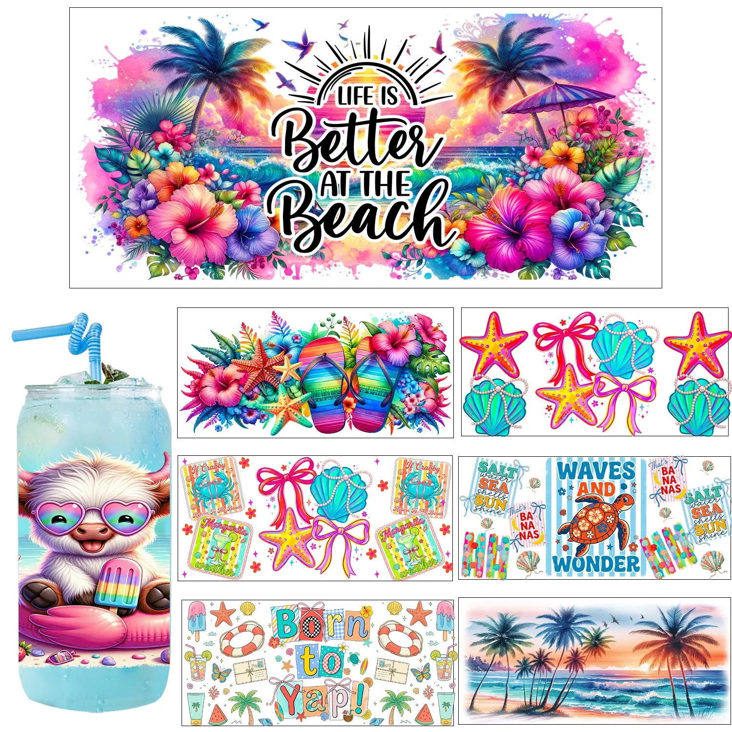 Summer beach vibe UV DTF Transfer Sticker DIY Decals 3D transfers uvdtf stickers 16oz uv dtf cup wraps