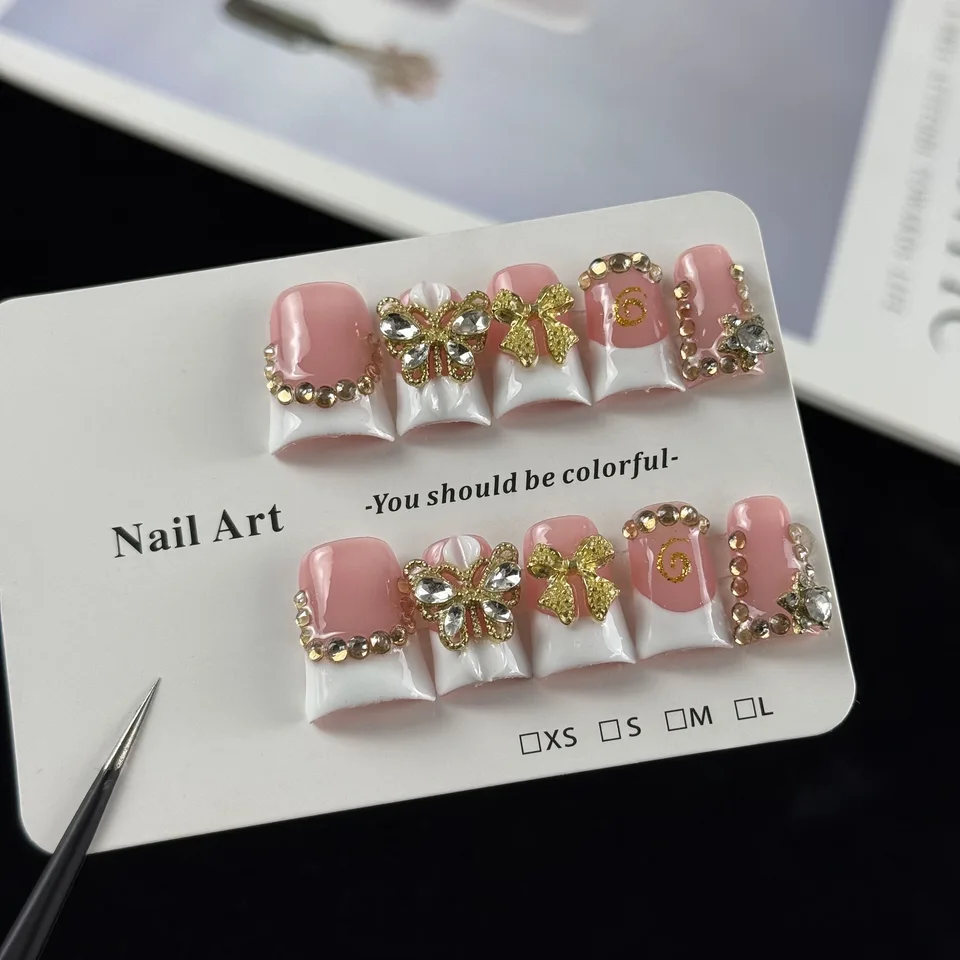 10 Piezas Uñas Postizas Hechas a Mano de Alta Gama Estilo Lujoso y Elegante, con Mariposas y Moños Tridimensionales Pintados a Mano y Diamantes Brillantes 3