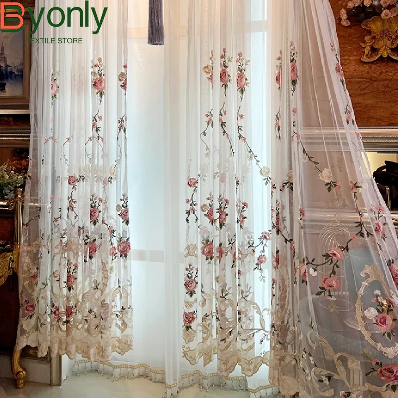 High Grade Peony Embroidered White Window Screen Curtains for Living Room Bedroom French Window Balcony Window Customized