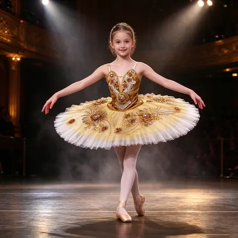 Girls Golden Ballet Tutu Dress 3d Floral Swan Lake Ballerina Costume Kids Professional Pancake Tutu Skirt For Stage Performance