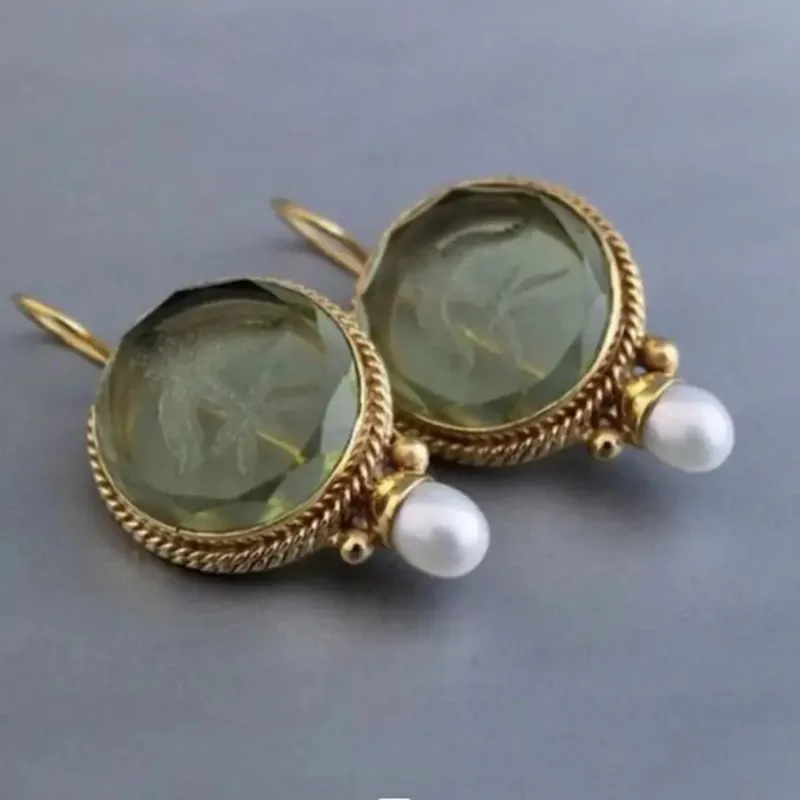 KSRA Fashion Retro Style Round Green Carving Figure Crystal Stone Mosaic Pearl Personality Earrings For Women Exquisite Jewelry