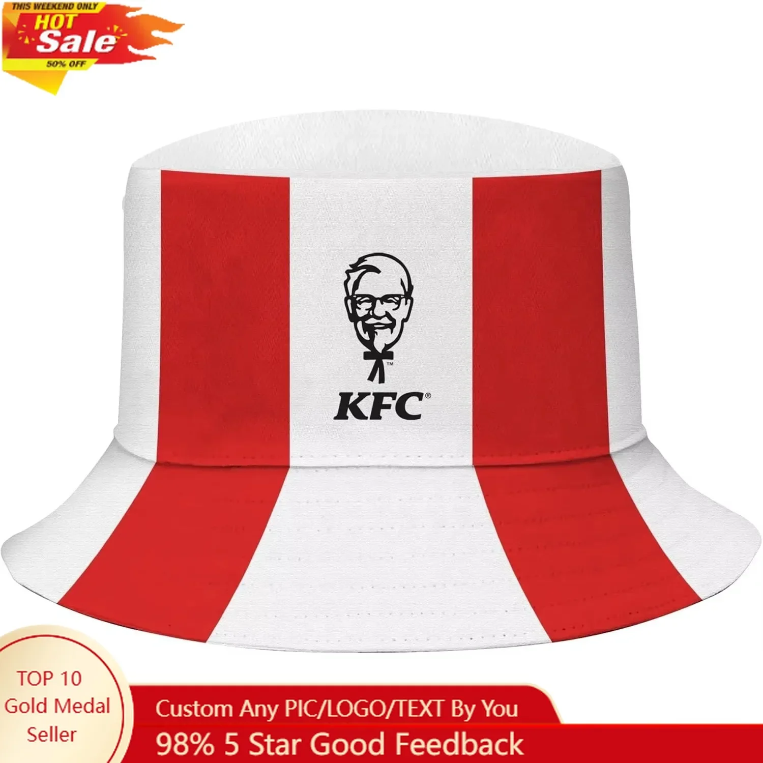 Kentucky Fried Chicken Men’s Bucket Hat KFC Colonel Sanders White & Red Stripes Fried Chicken Brim Officially Licensed