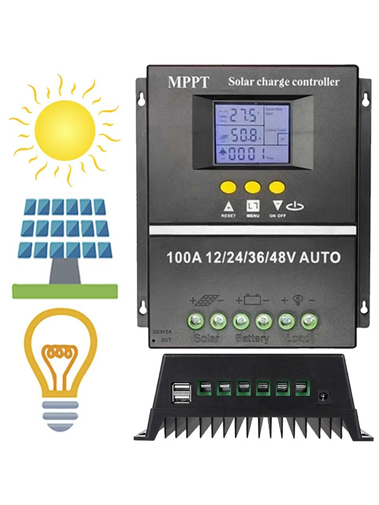 100A MPPT الشمسية جهاز التحكم في الشحن منظم الطاقة الشمسية الكهروضوئية المزدوج USB السيارات الشمسية جهاز التحكم في الشحن 12 فولت 24 فولت 36 فولت 48 فولت للوحة طاقة شمسية