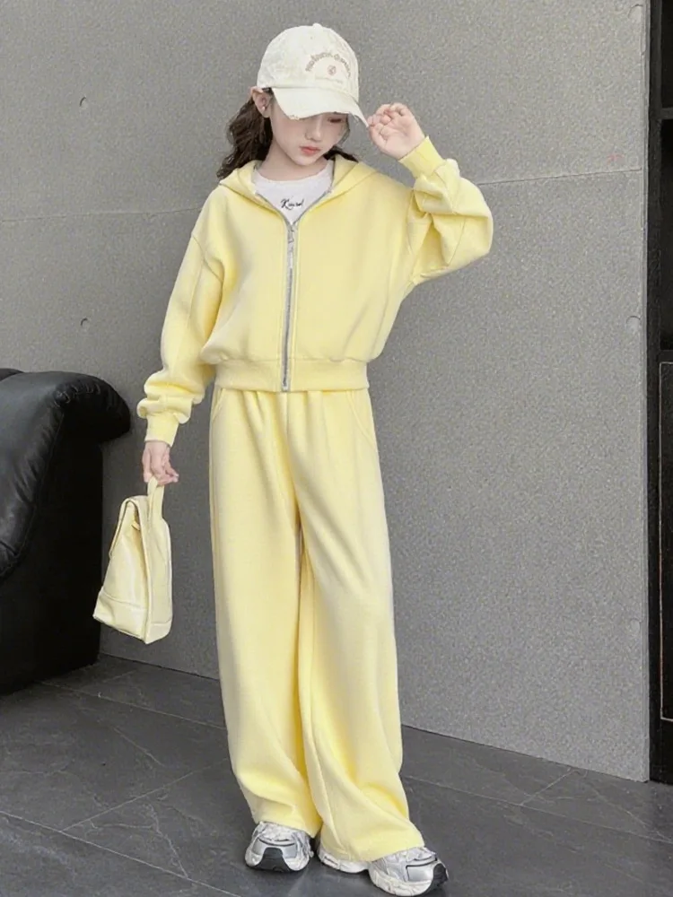 

Children's Sports Suit Long Sleeved Zipper Hooded Sweatshirt+Elastic Waist Straight Leg Pants Soft Comfortable Girls' Sportswear
