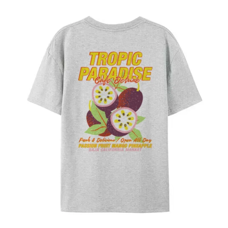 Maglietta da donna con stampa posteriore allentata di frutta tropicale Maglietta estetica carina con frutta della passione Maglietta da spiaggia retrò Nostalgia Top per le vacanze