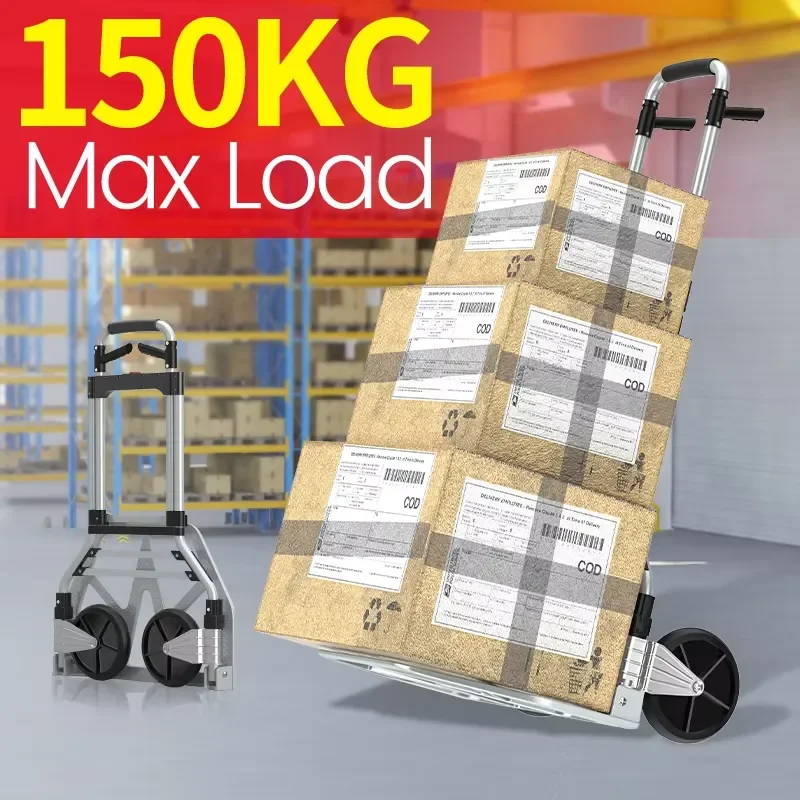 150KG Capacity Industrial Foldable Hand Truck Portable Aluminum Dolly Cart Telescoping Handle TPR Wheels Shopping Storage