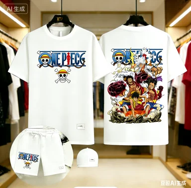 

Men One Piece Straw Hat Pirates Crew Jolly Roger Print 2 Piece Outfit Waffle Knit T-Shirt + Short Set Anime Streetwear Tracksuit