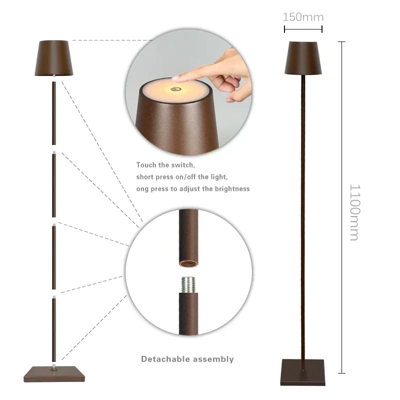 

Modern Hotel Style Energy Saving floor lamp Led Aluminium USB rechargeable battery cordless Touch switch floor light for bedroom