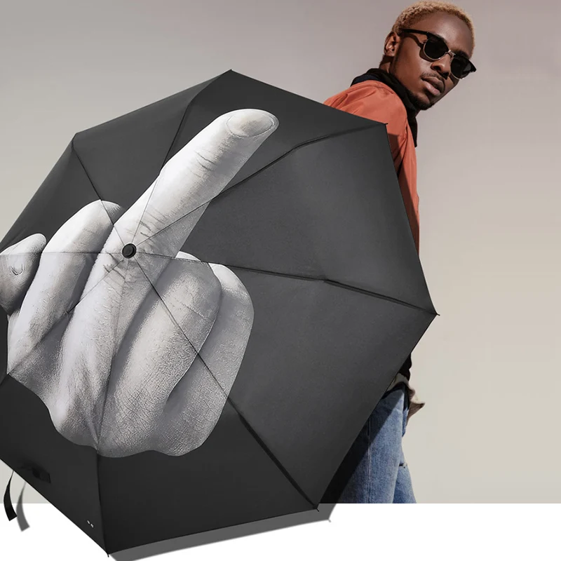 Personality Middle Finger Umbrella Rain Women Men Windproof Folding Funny Anti-UV Sun Parasol Black Portable Travel Sunshade