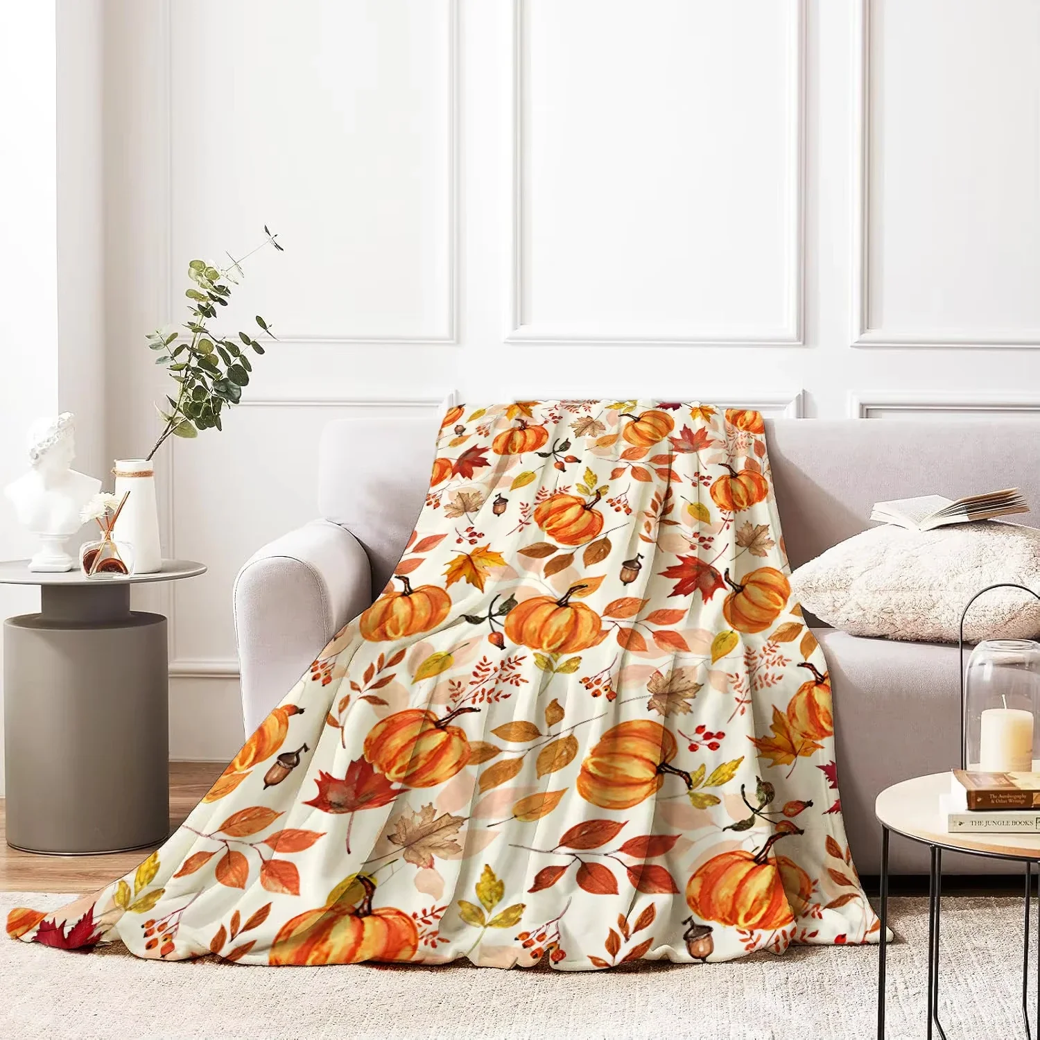 Fall Thanksgiving Blanket Maple Leaf Pumpkin Flannel Print Blanket Soft Cozy Nap Blanket for Couch Bed Soft Cozy Throw Blanket