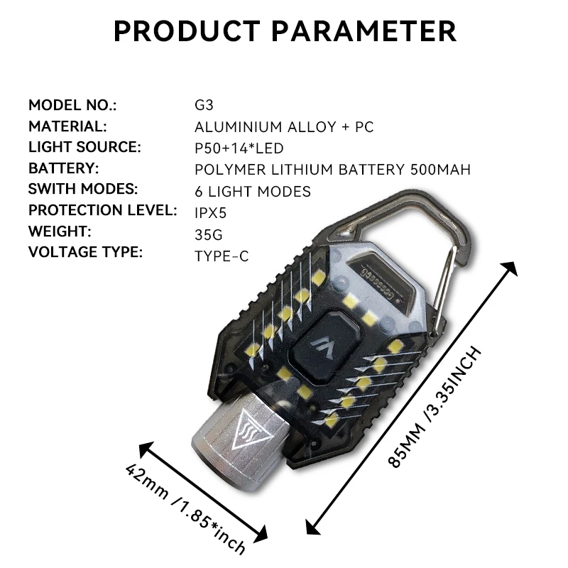 Warsun Keychain Flashlight Type-C Rechargeable Battery Aluminium Alloy PC 800Lm Portable Warning Outdoor Lighting Flood Light